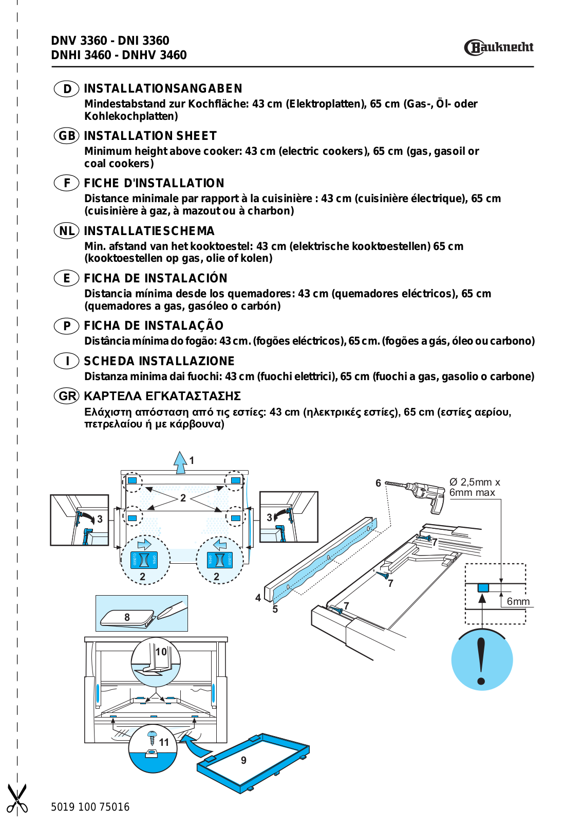 bauknecht DNHV 3460, DNI 3360, DNHI 3460, DNV 3360 INSTALLATION SHEET