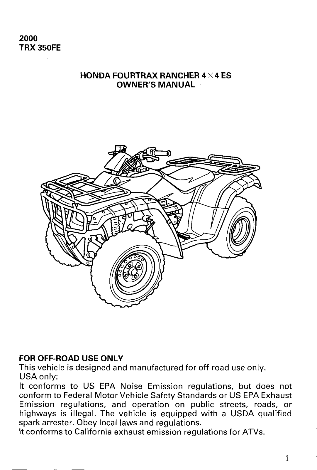 Honda TRX350FE FOURTRAX 2000 Owner's Manual