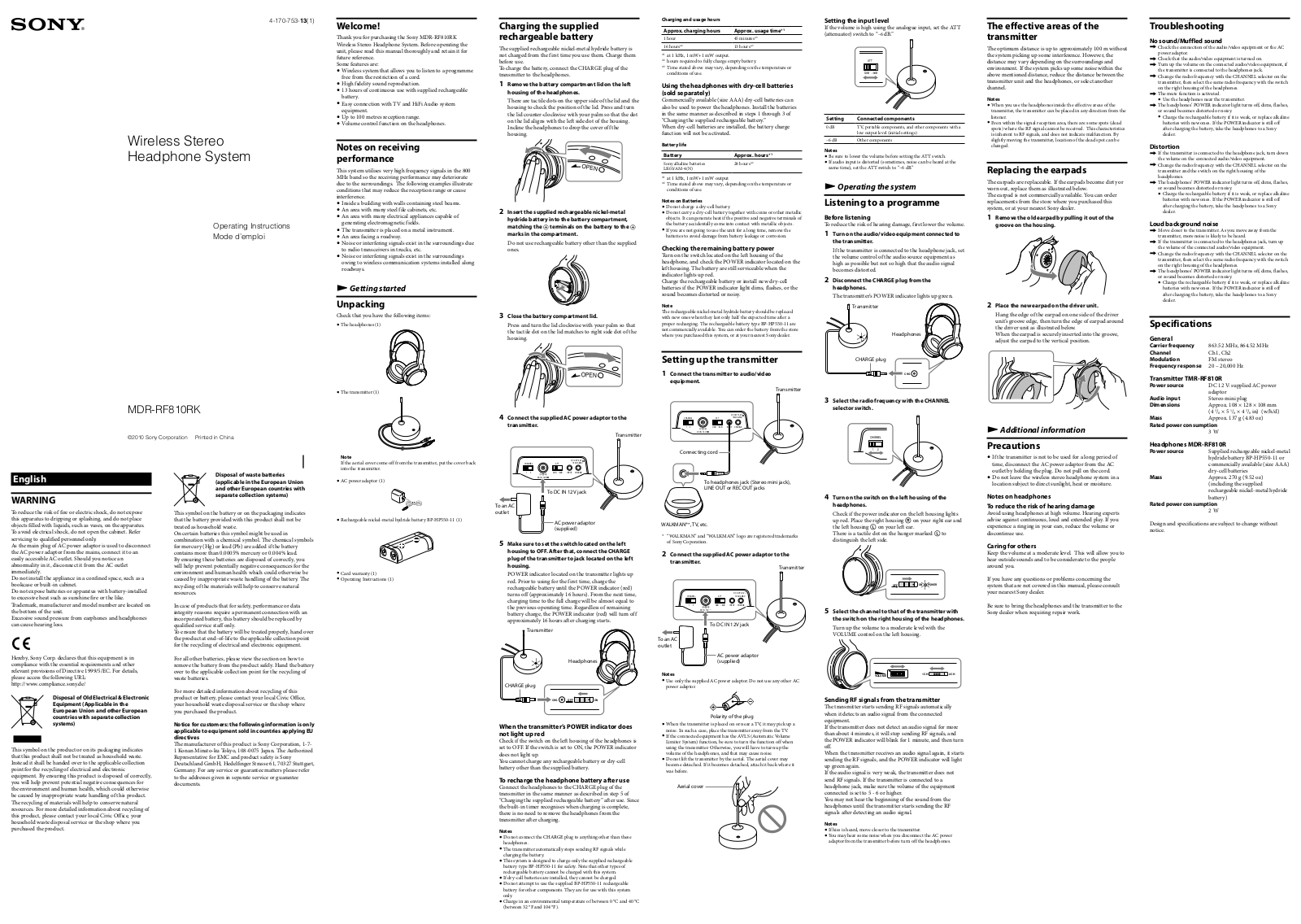 SONY MDR-RF810 User Manual
