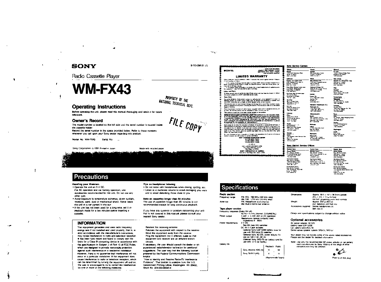 Sony WM-FX43 User Manual