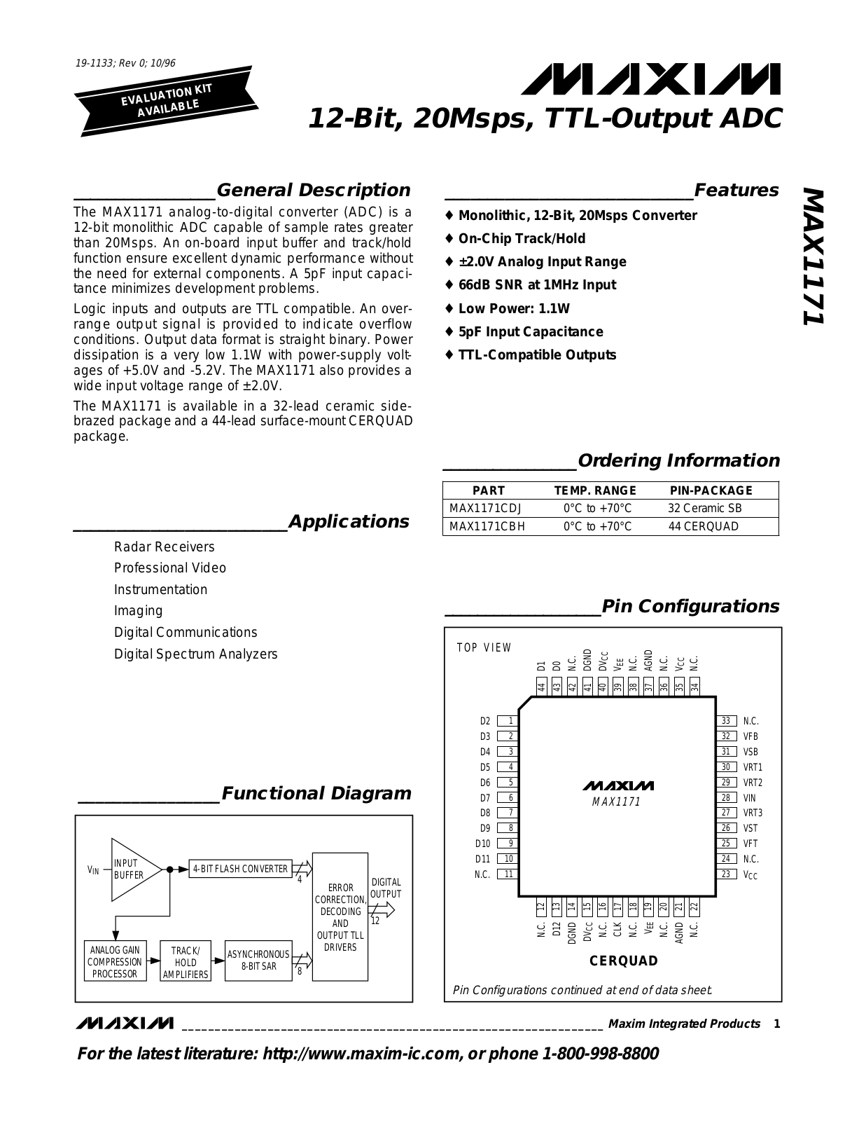 Maxim MAX1171CDJ, MAX1171CBH Datasheet