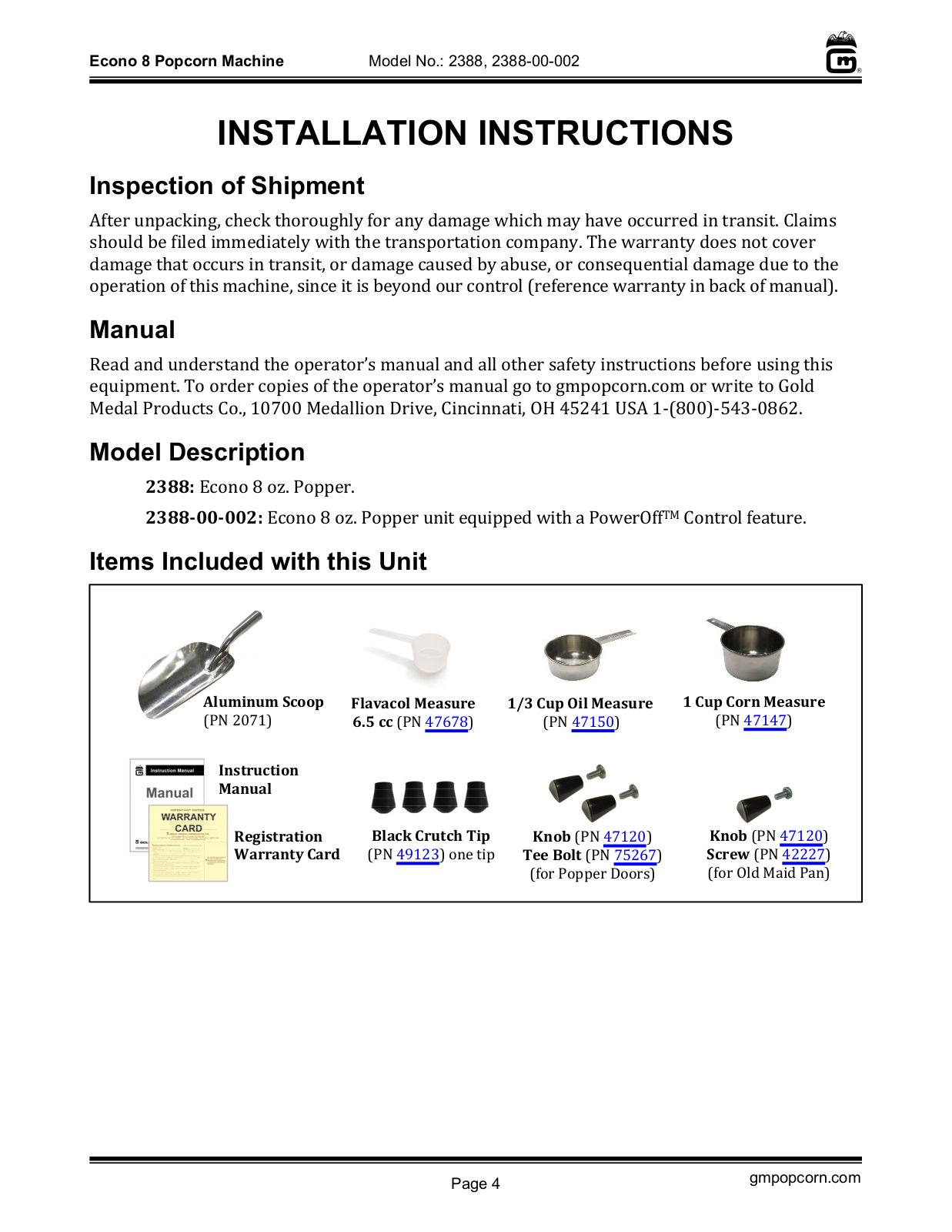 Gold Medal Products 2388-00-002 Operators Manual