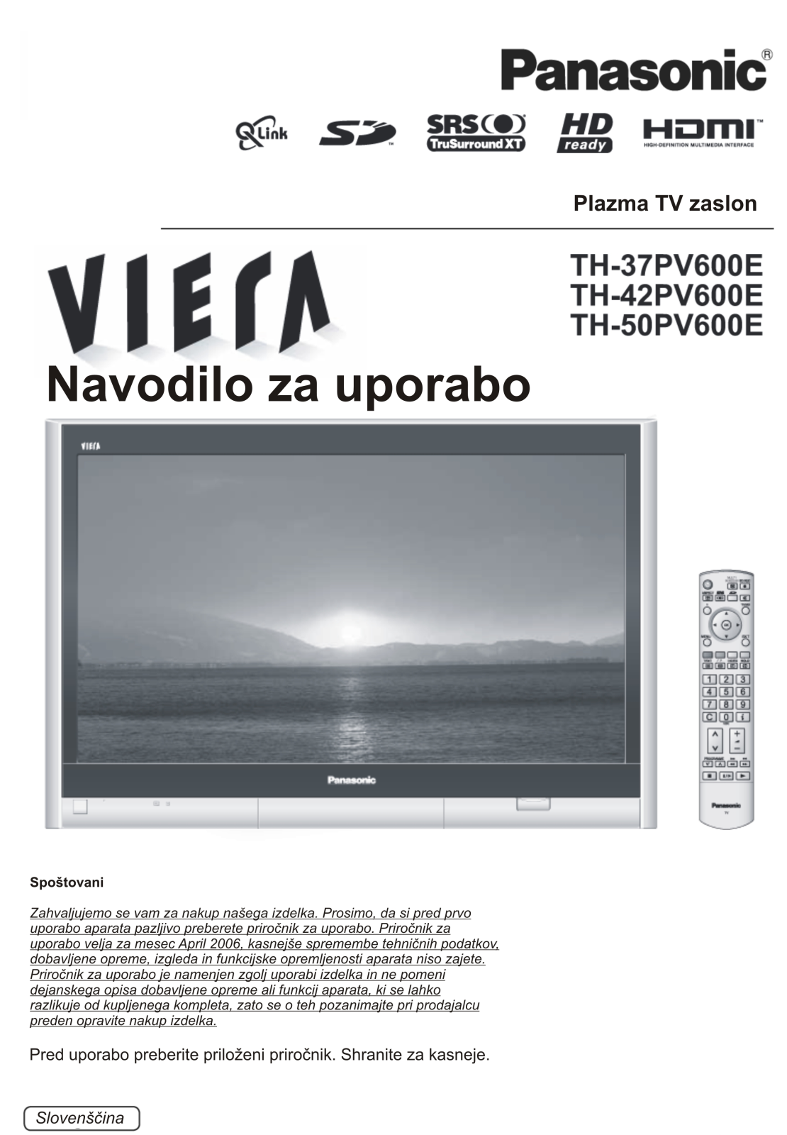 Panasonic TH-42PV600E, TH-50PV600E, TH-37PV600E User Manual