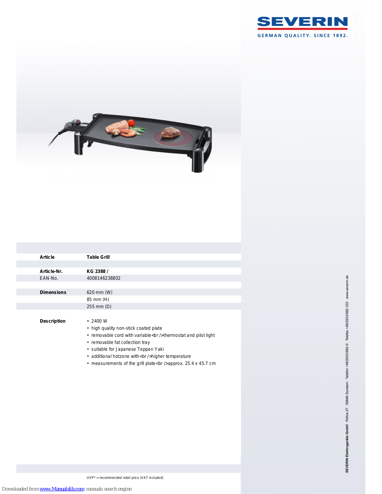 SEVERIN TISCHGRILL KG 2388, KG 2388 Dimensions