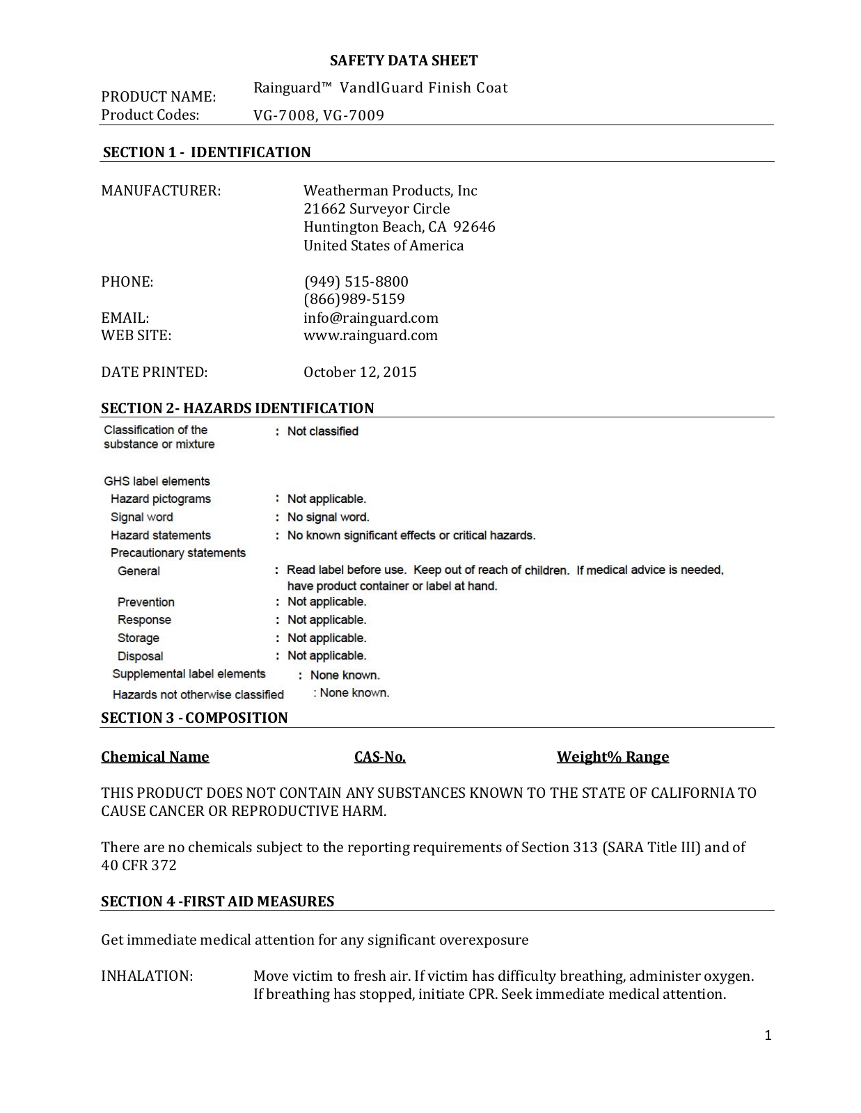 Rainguard International VG-7009CS User Manual