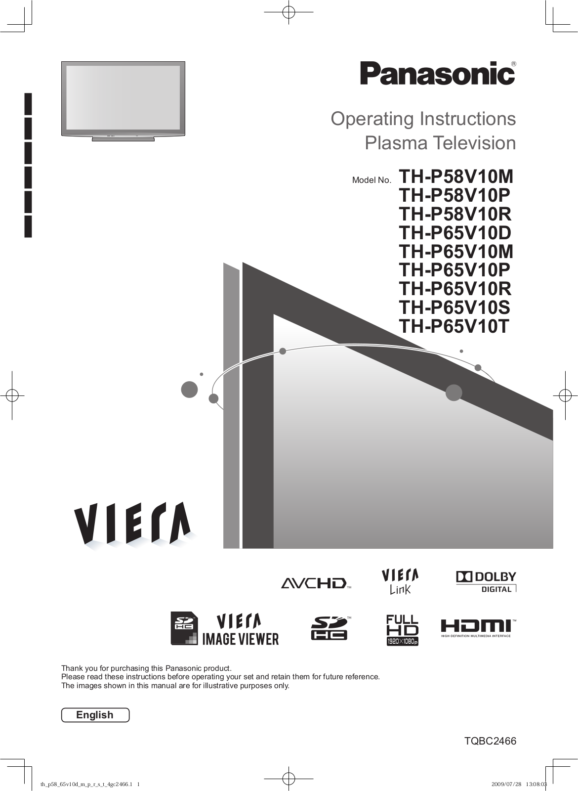 Panasonic TH-P58V10M, TH-P58V10R, TH-P58V10P, TH-P65V10P, TH-P65V10M User Manual