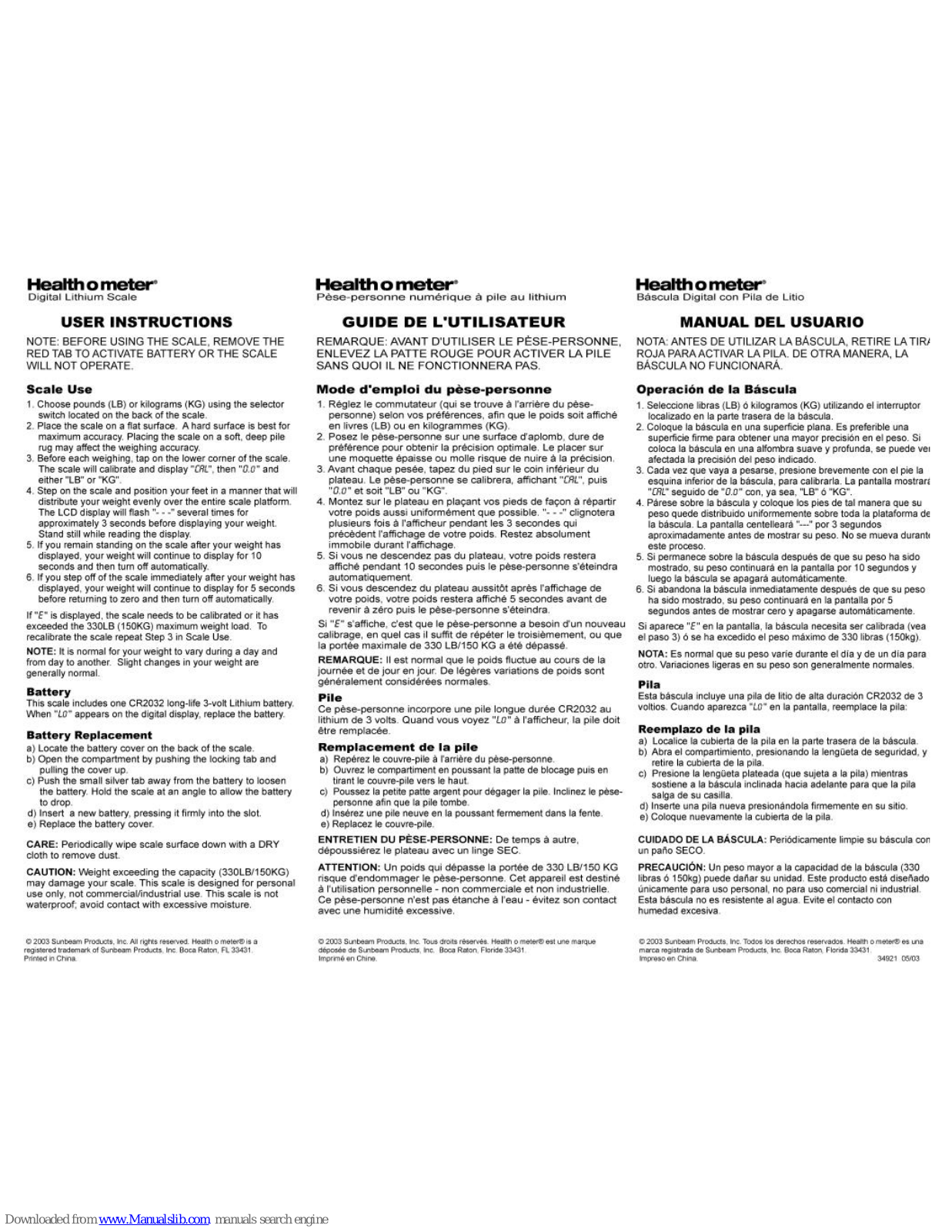 Sunbeam Health O Meter HDL200-05 User Instructions