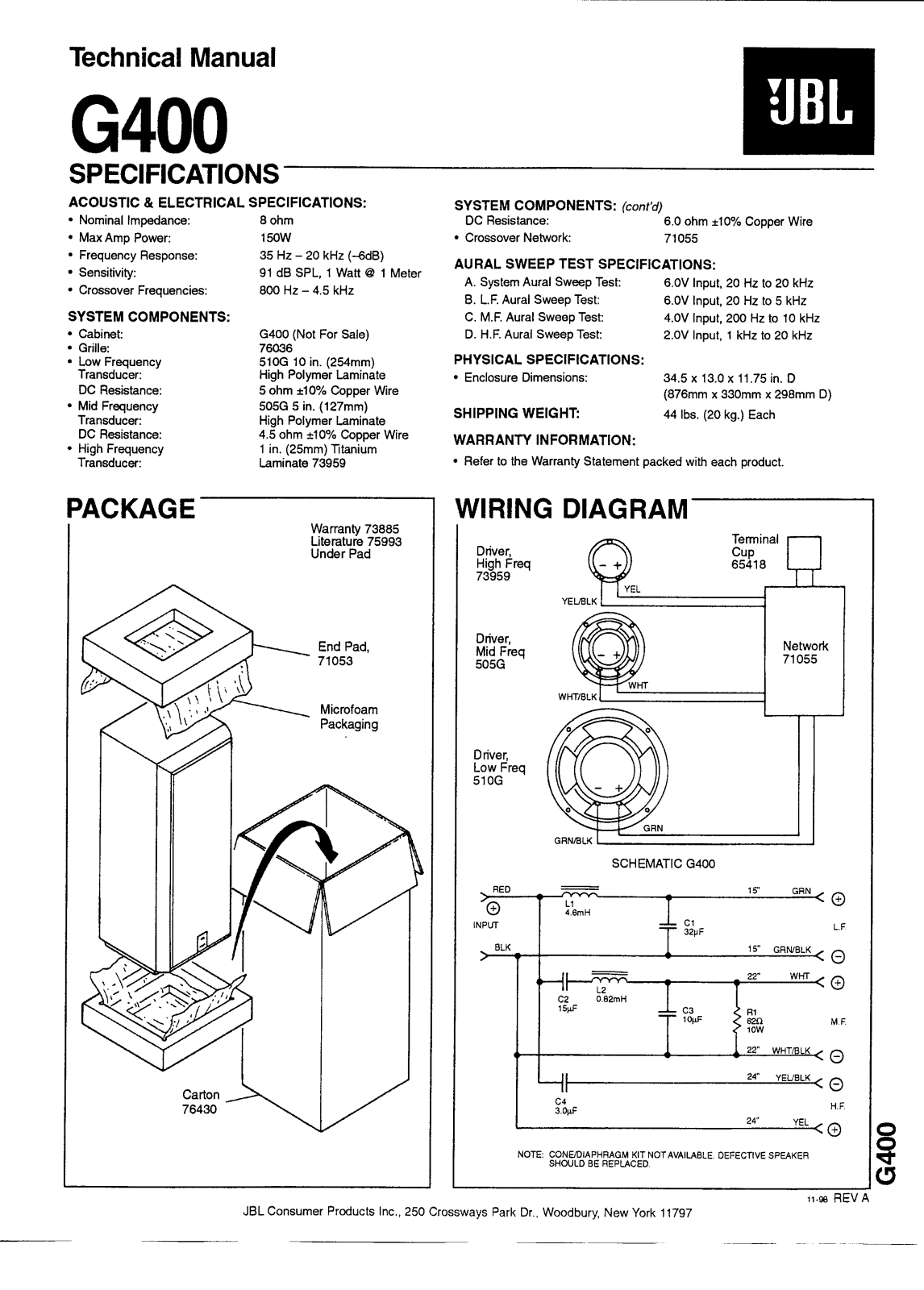 JBL G400 Service Manual