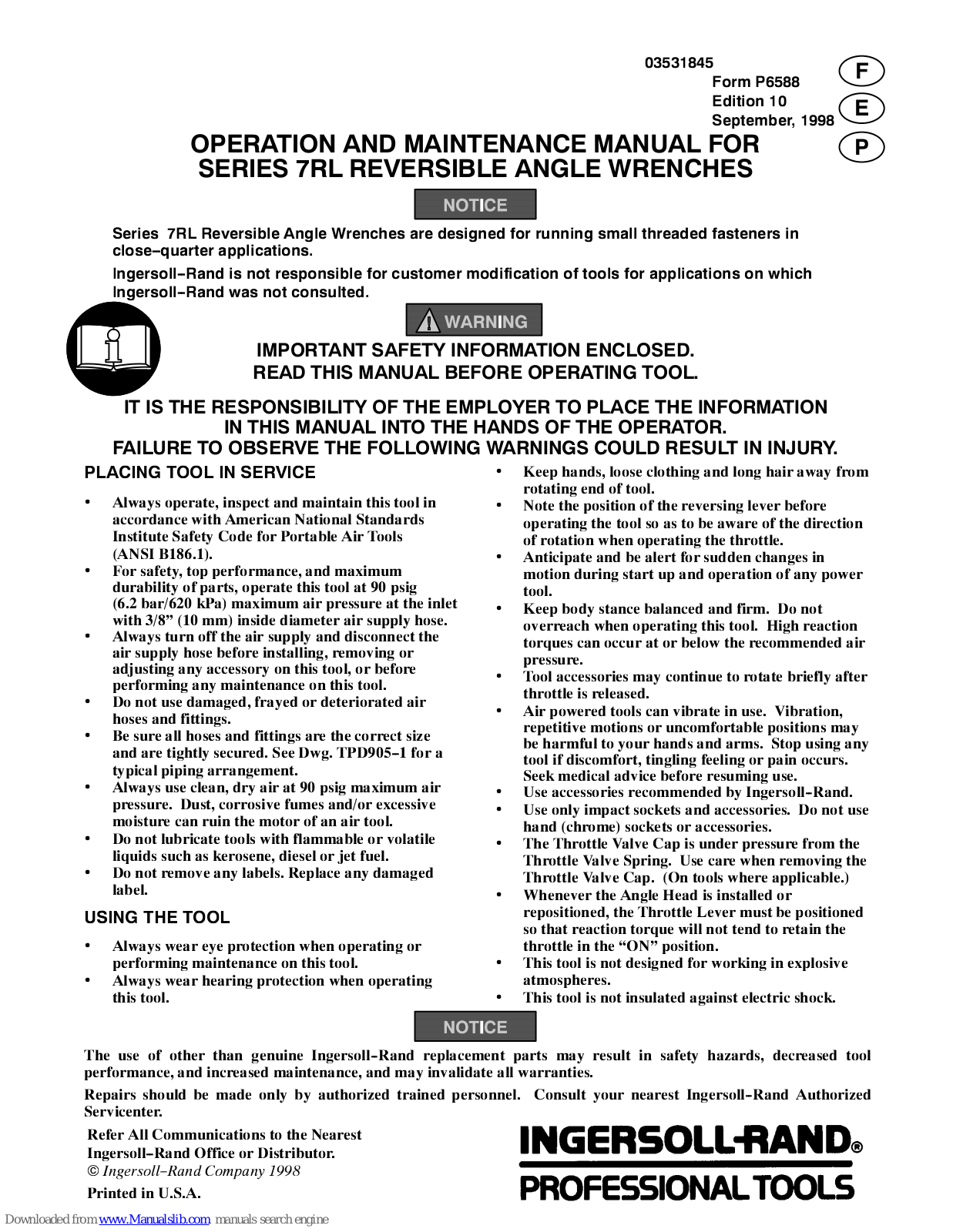 Ingersoll-Rand 7LR series Operation And Maintenance Manual