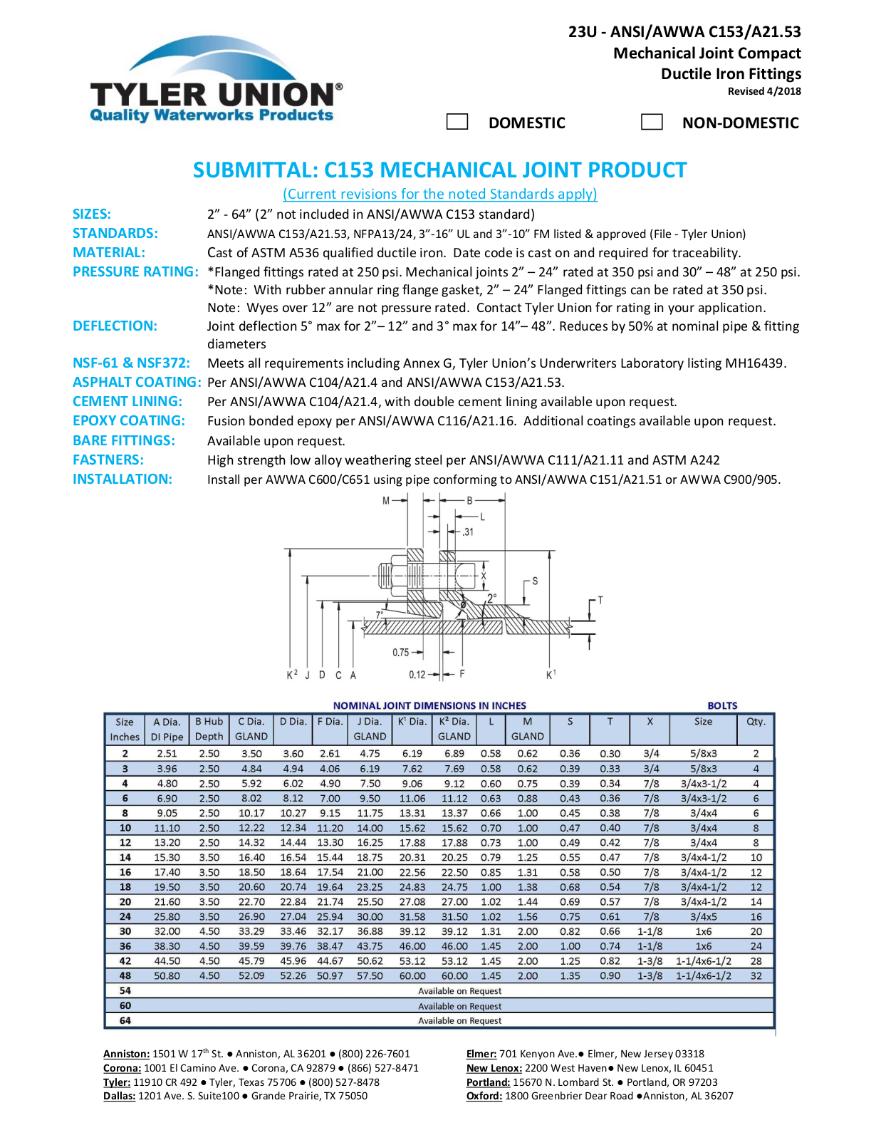 Tyler union C153 MECHANICAL JOINT PRODUCT User Manual