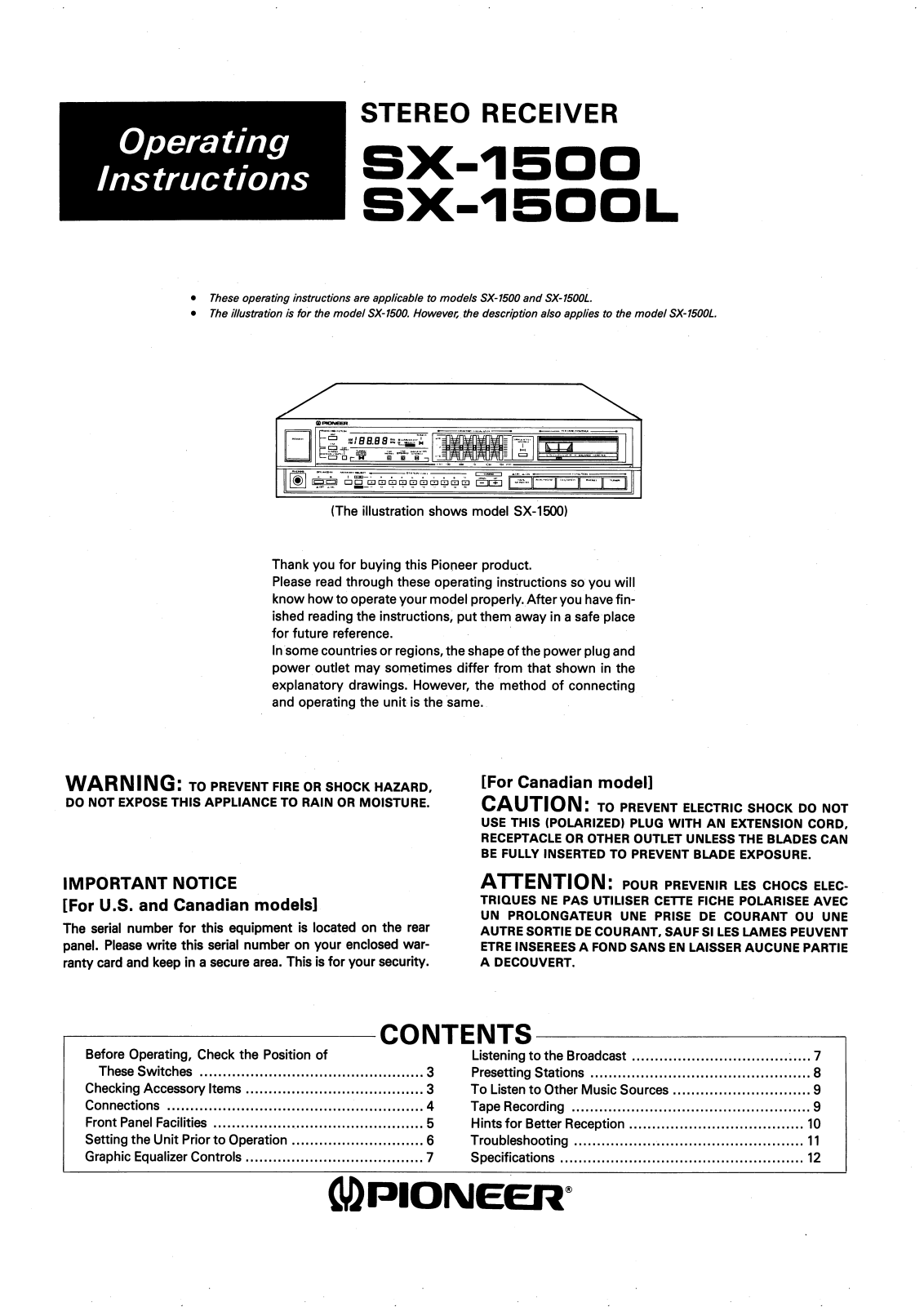 Pioneer SX-1500L Owners Manual