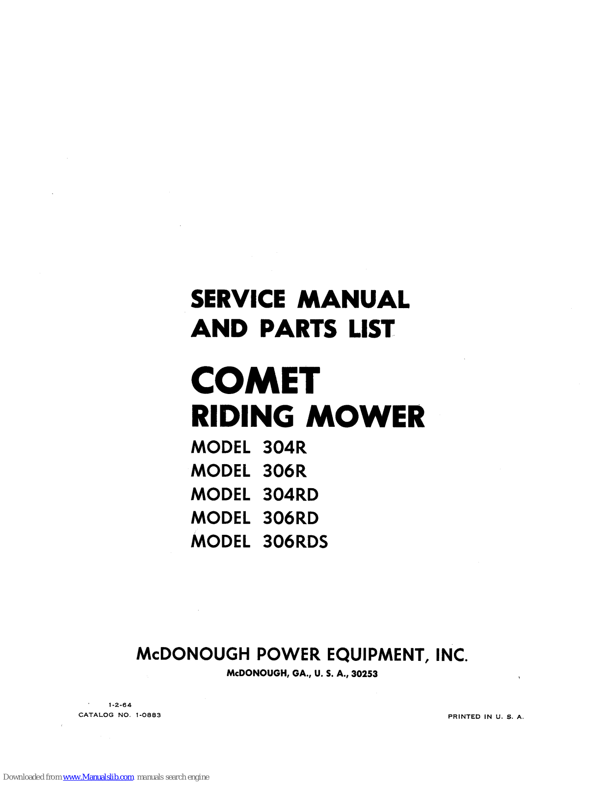 McDonough Power Equipment Comet 304R, Comet 306RD, Comet 306RDS, Comet 304RD, Comet 306R Service Manual