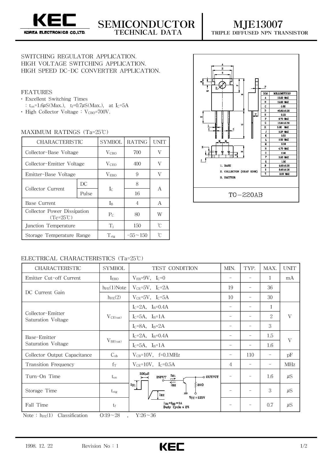 KEC MJE13007 Datasheet