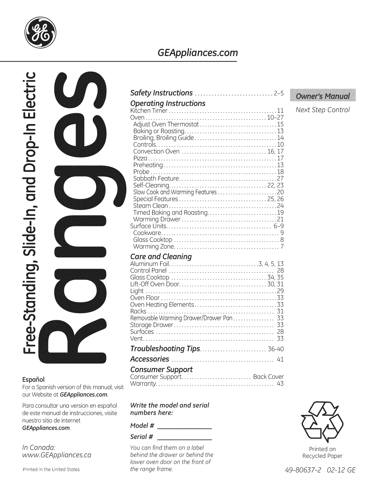 GE PS978ST1SS, PS950SF1SS, PB978ST1SS, PB978DT1BB, PB920ST2SS Owner’s Manual