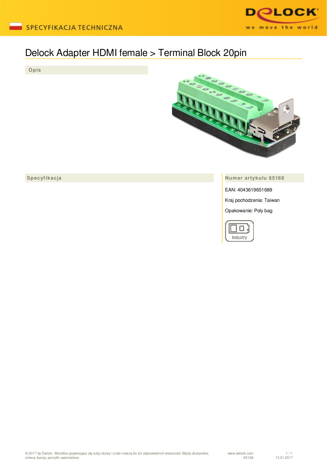 DeLOCK HDMI on 20-Pin-Terminalblock adapter User Manual