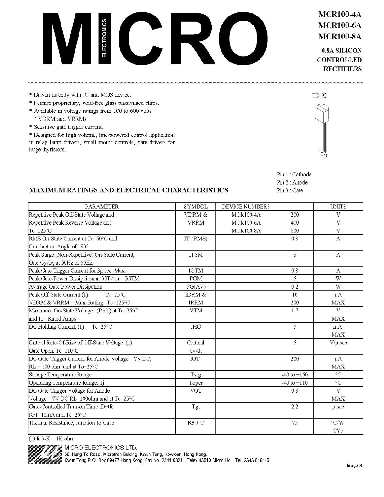 MICRO MCR100-8A, MCR100-6A, MCR100-4A Datasheet