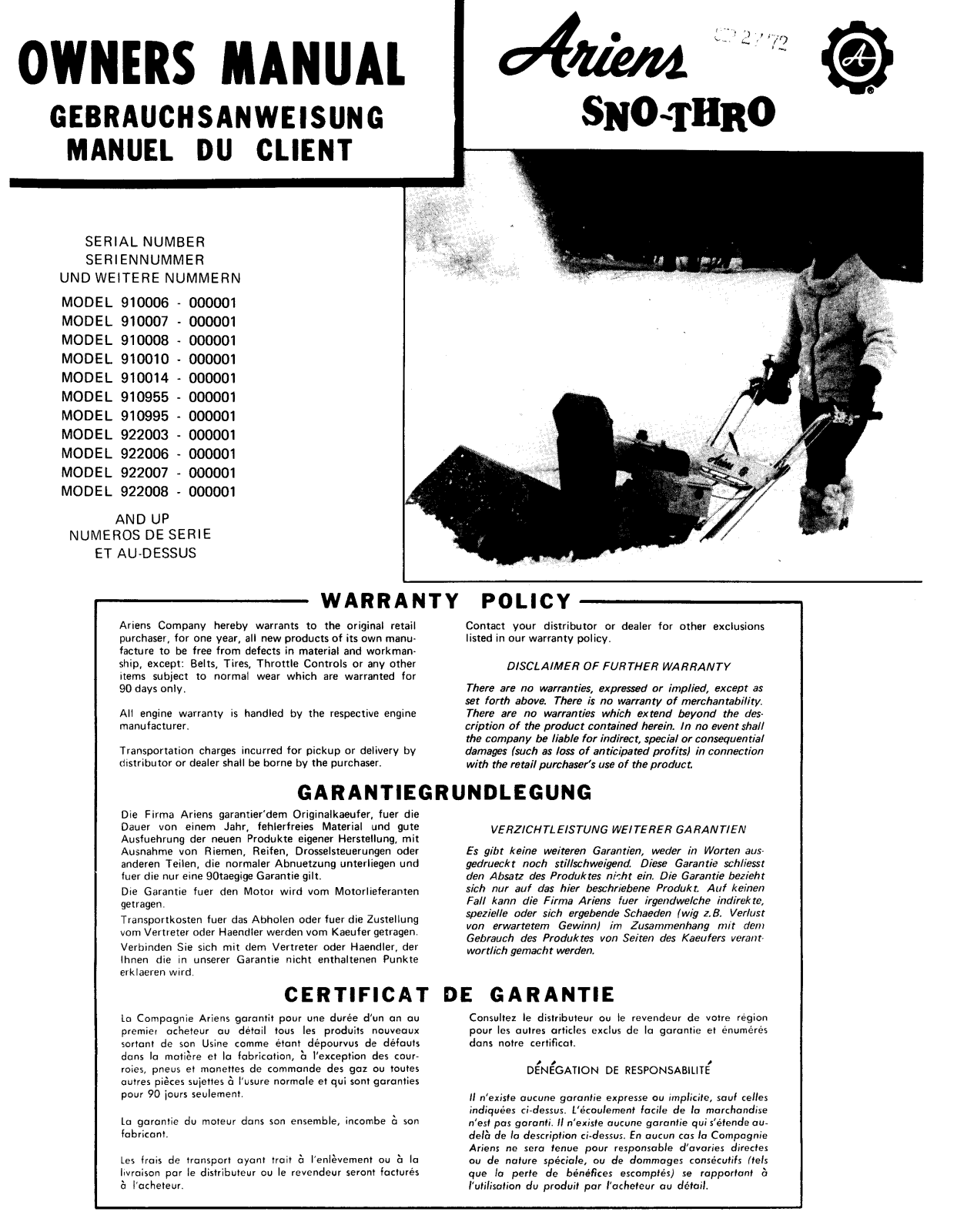 Ariens 910955, 910014, 910007, 922007, 910010 User Manual