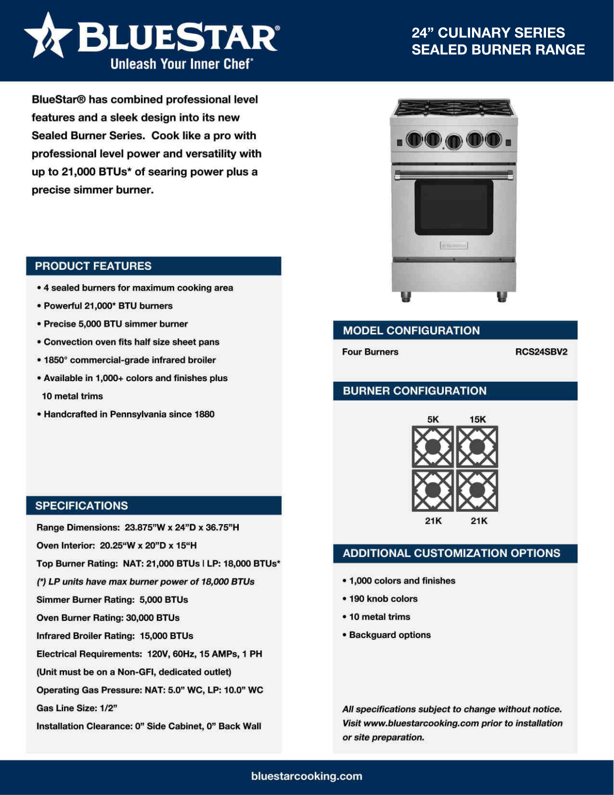 Bluestar RCS24SBV2L Specsheet