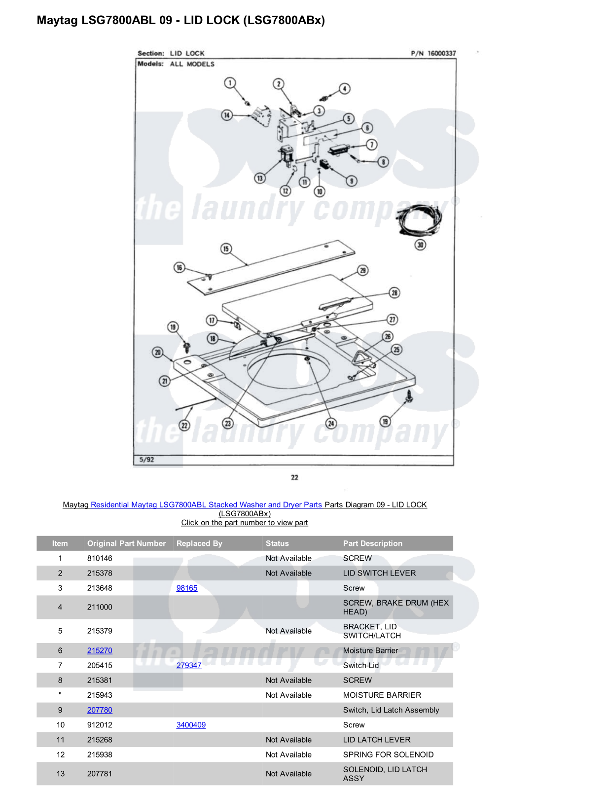 Maytag LSG7800ABL Stacked and Parts Diagram