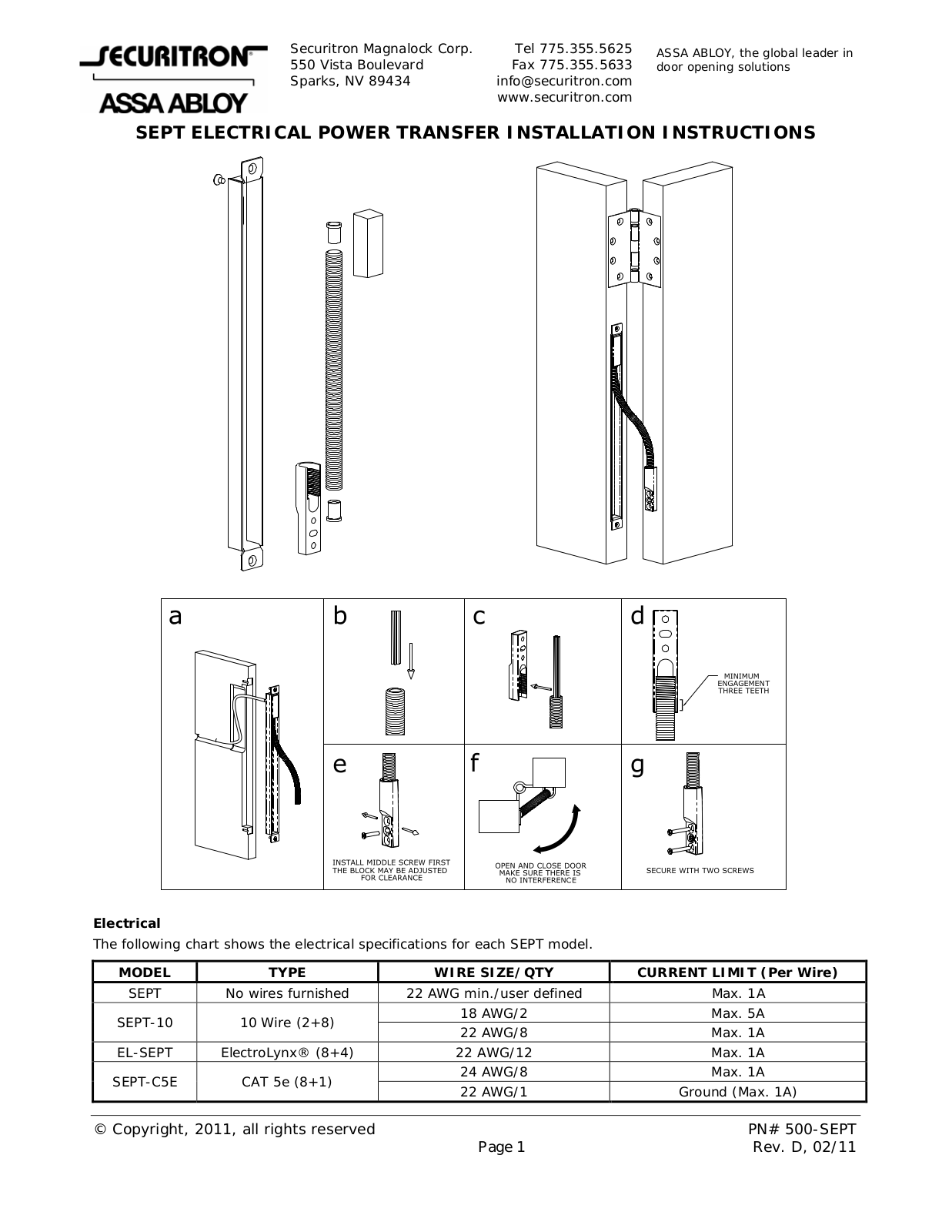 Securitron EL-SEPT, SEPT, SEPT-10, SEPT-C5E Installation Instructions