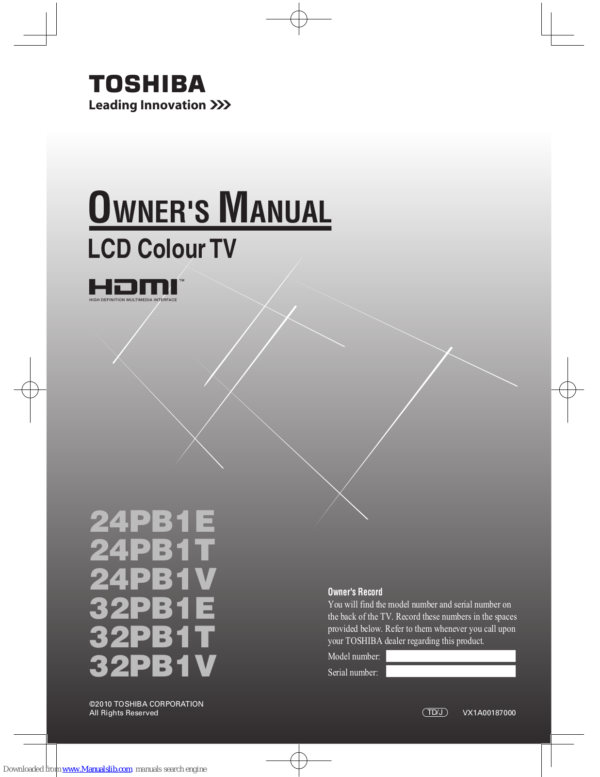 Toshiba 24PB1E, 24PB1T, 32PB1E, 32PB1T, 32PB1V Owner's Manual