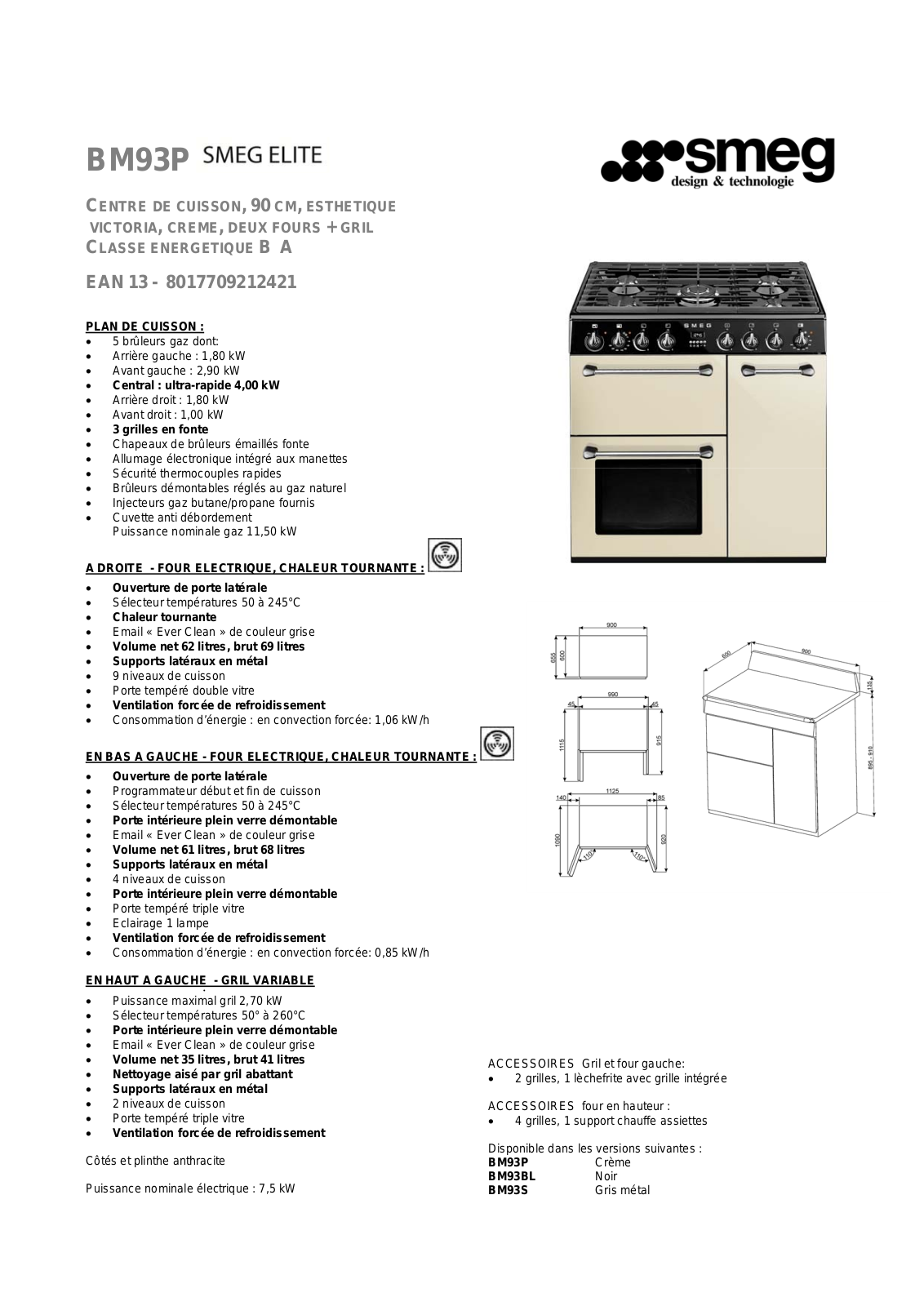 Smeg BM93P Product sheet