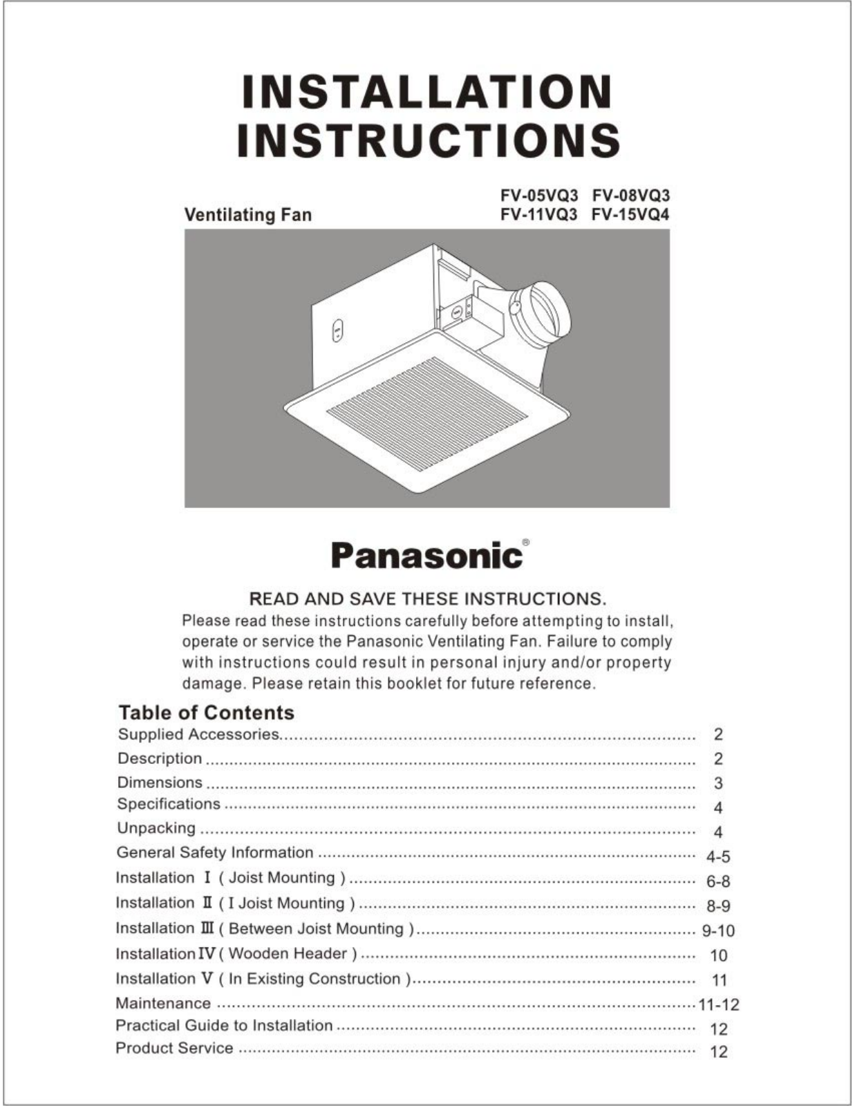 Panasonic fv-xxvq3, fv-15vq4 Operation Manual