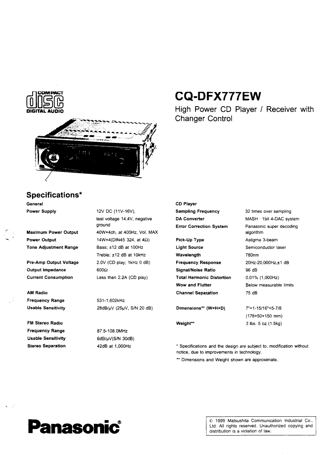 Panasonic CQ-DFX777 Operating Instructions