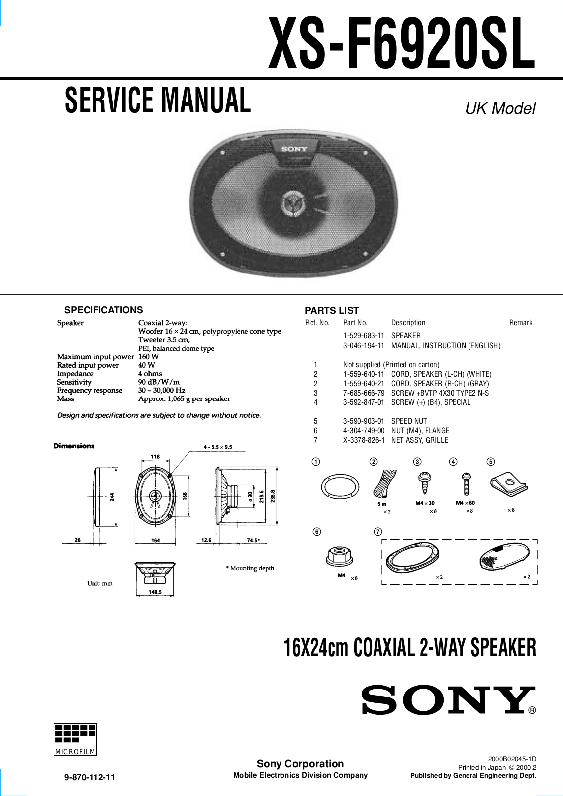 Sony XS-F6920SL Service Manual