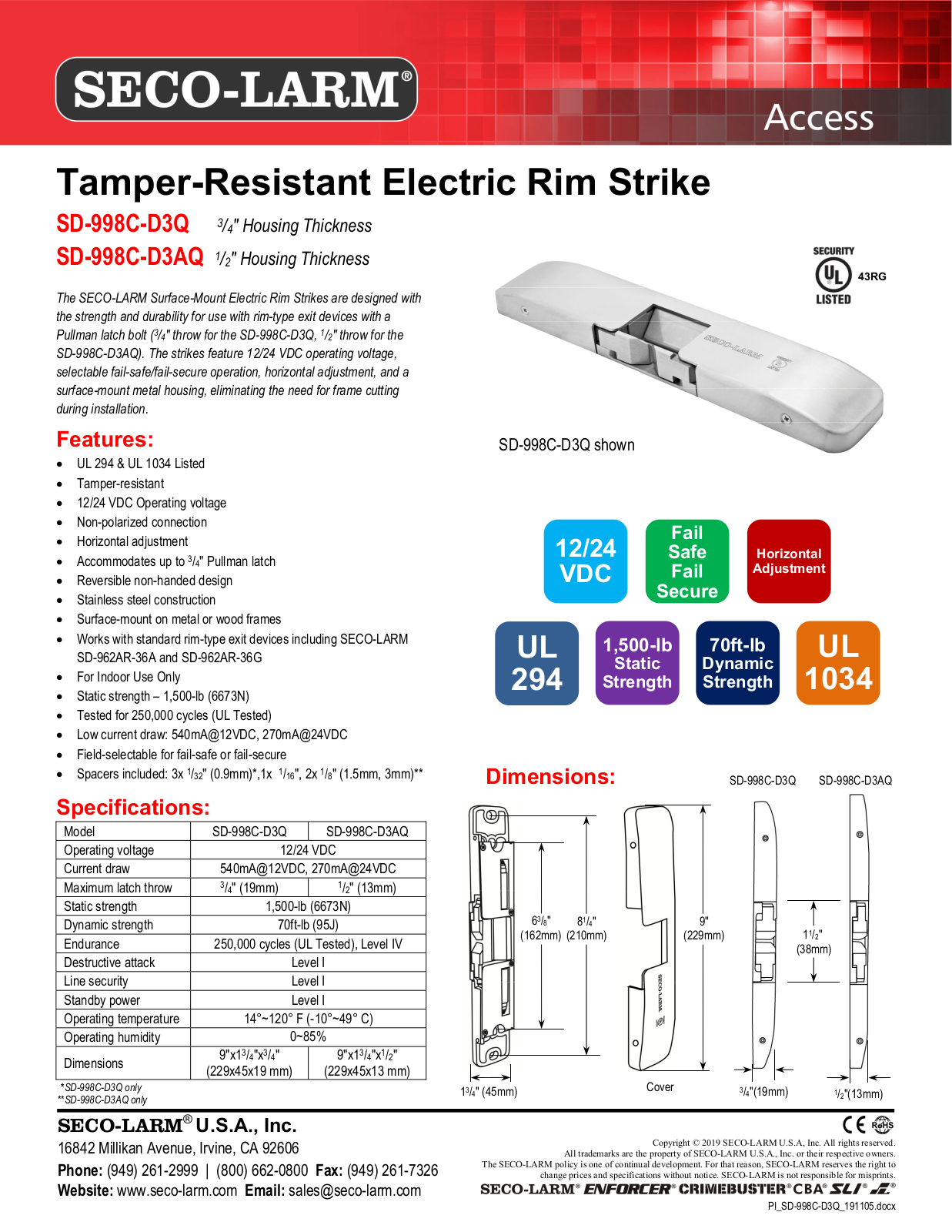 Seco-Larm SD-998C-D3AQ, SD-998C-D3Q Specsheet