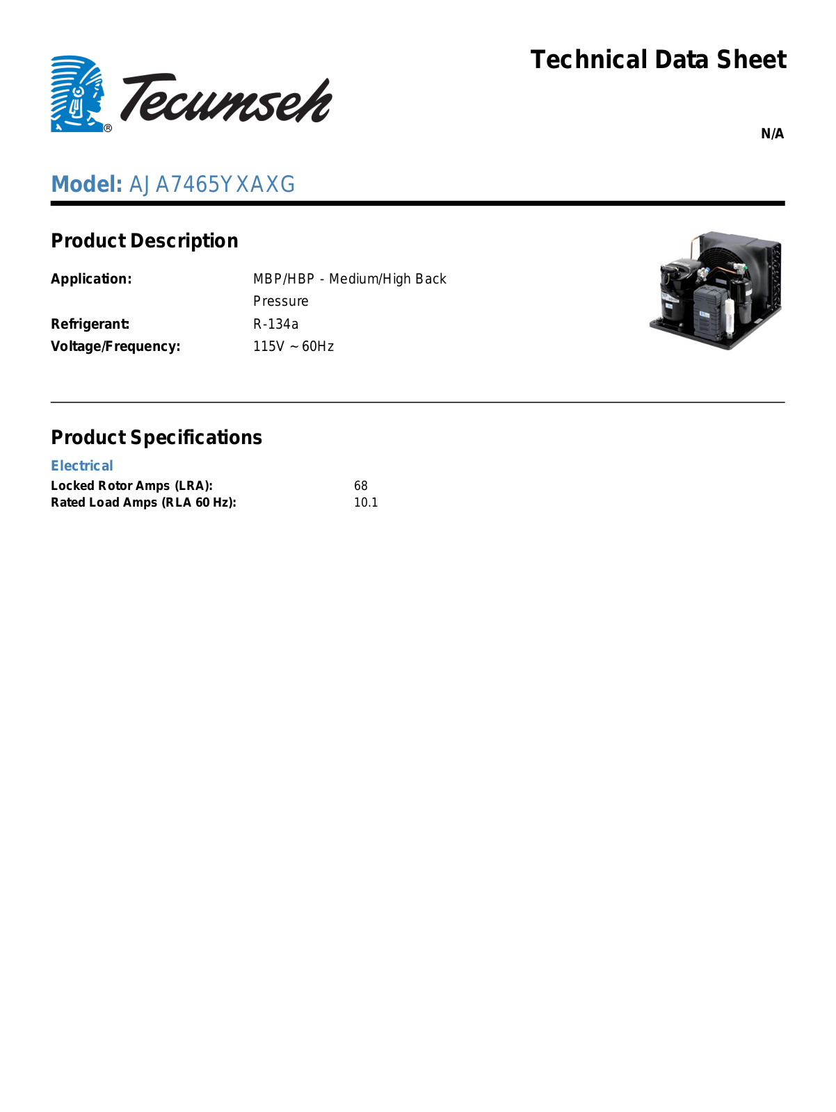 Tecumseh AJA7465YXAXG Technical Data Sheet