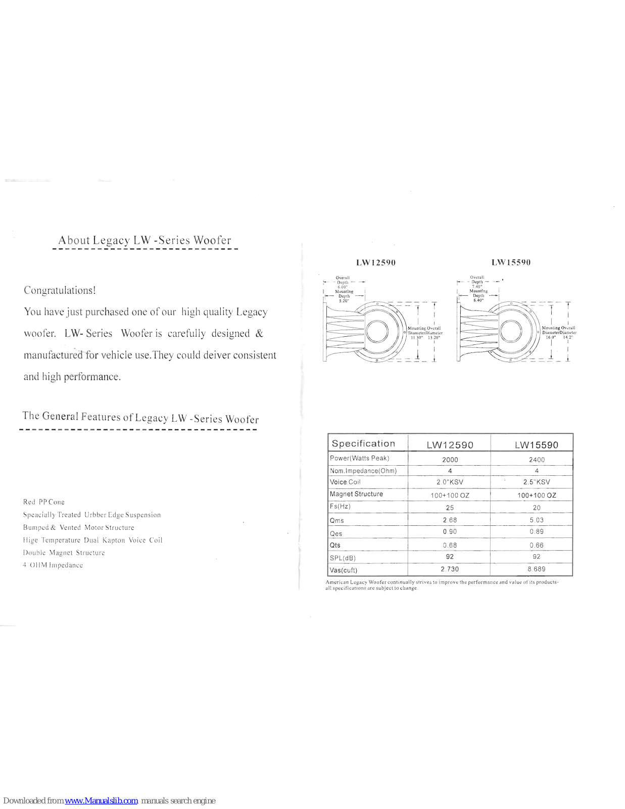 Legacy LW12590, LW15590 Specifications - ManualMachine.com