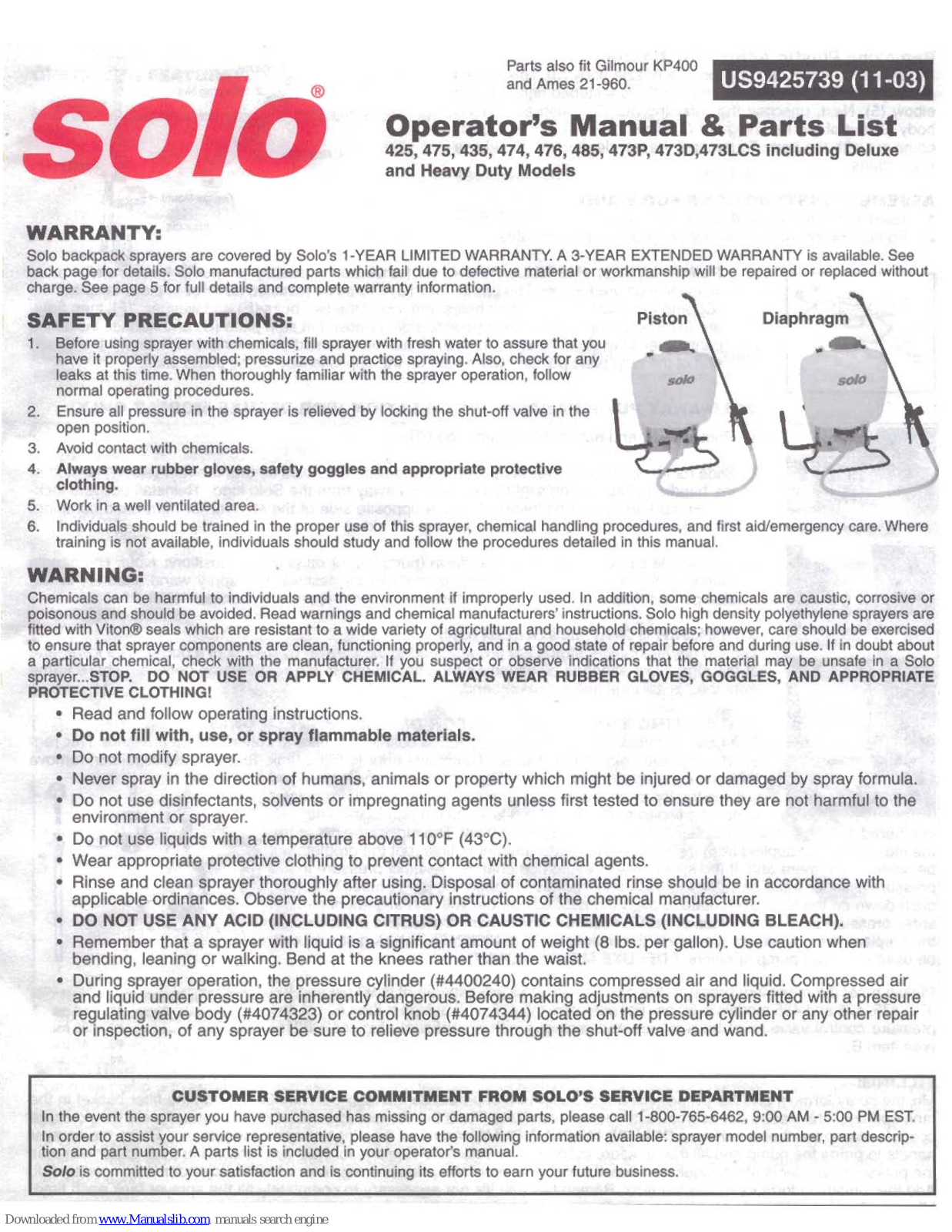 Solo 474, 476, 473LCS Operator's Manual & Parts List