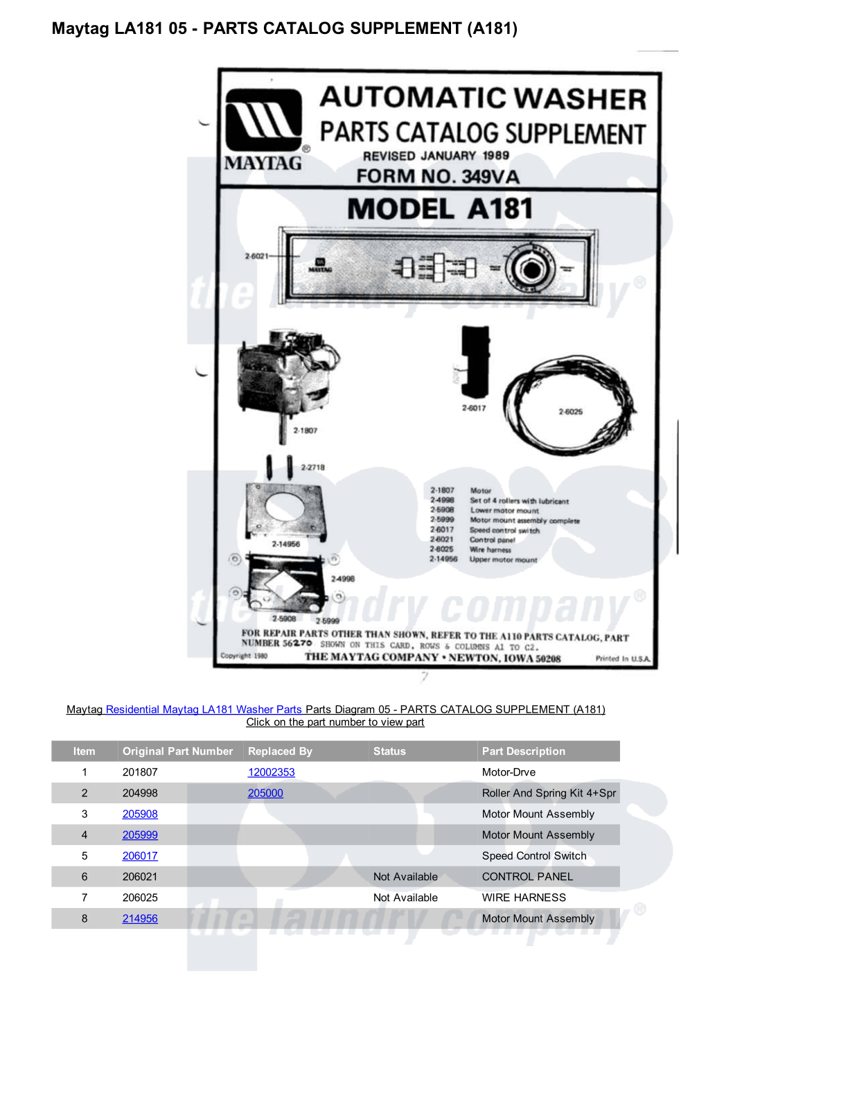 Maytag LA181 Parts Diagram