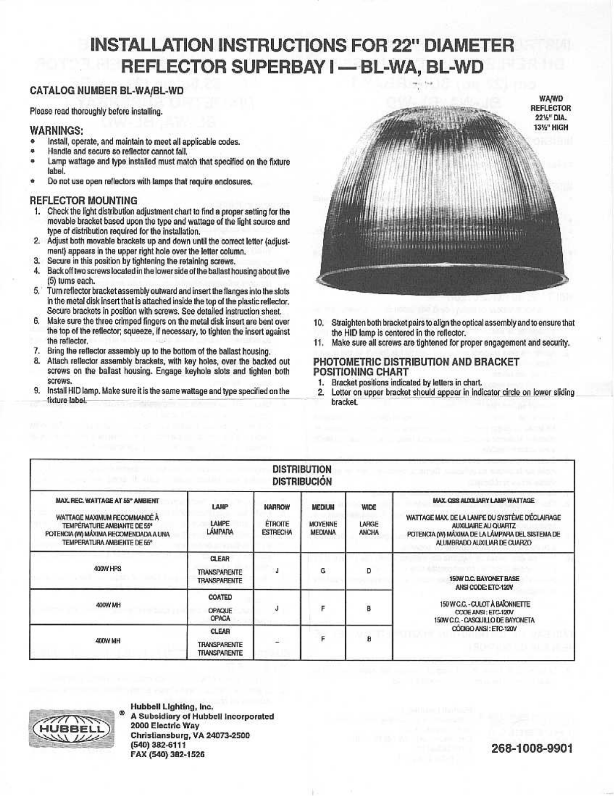 Hubbell lighting BL-WD, BL-WA User Manual