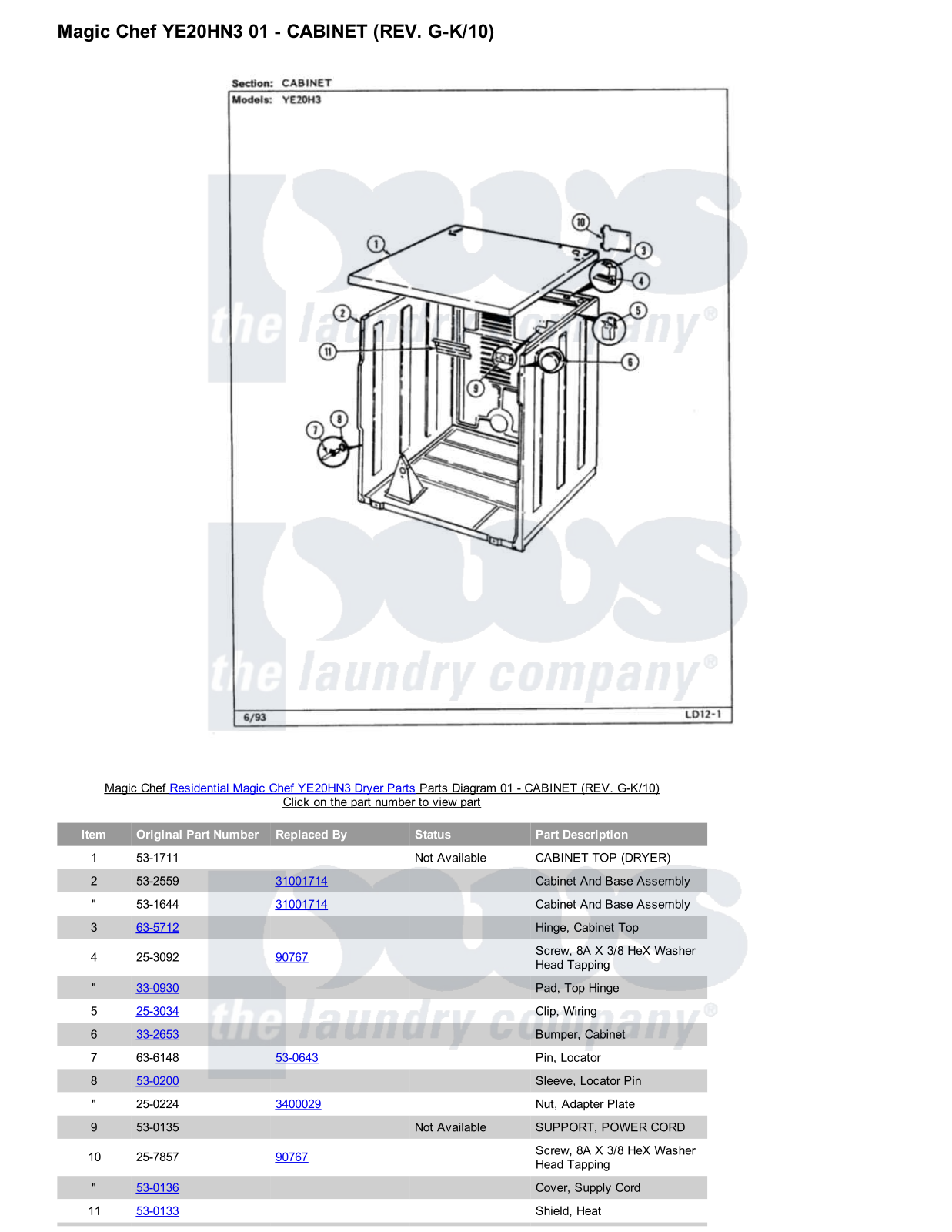 Magic Chef YE20HN3 Parts Diagram