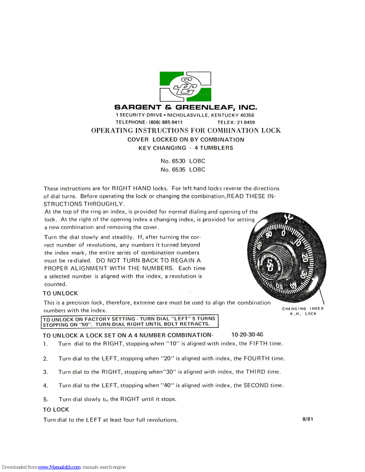 Sargent and Greenleaf 6530 LOBC,6535 LOBC Operating Instructions Manual