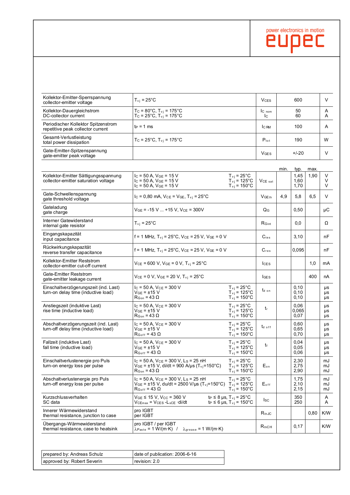 Infineon FP50R06KE3G Data Sheet