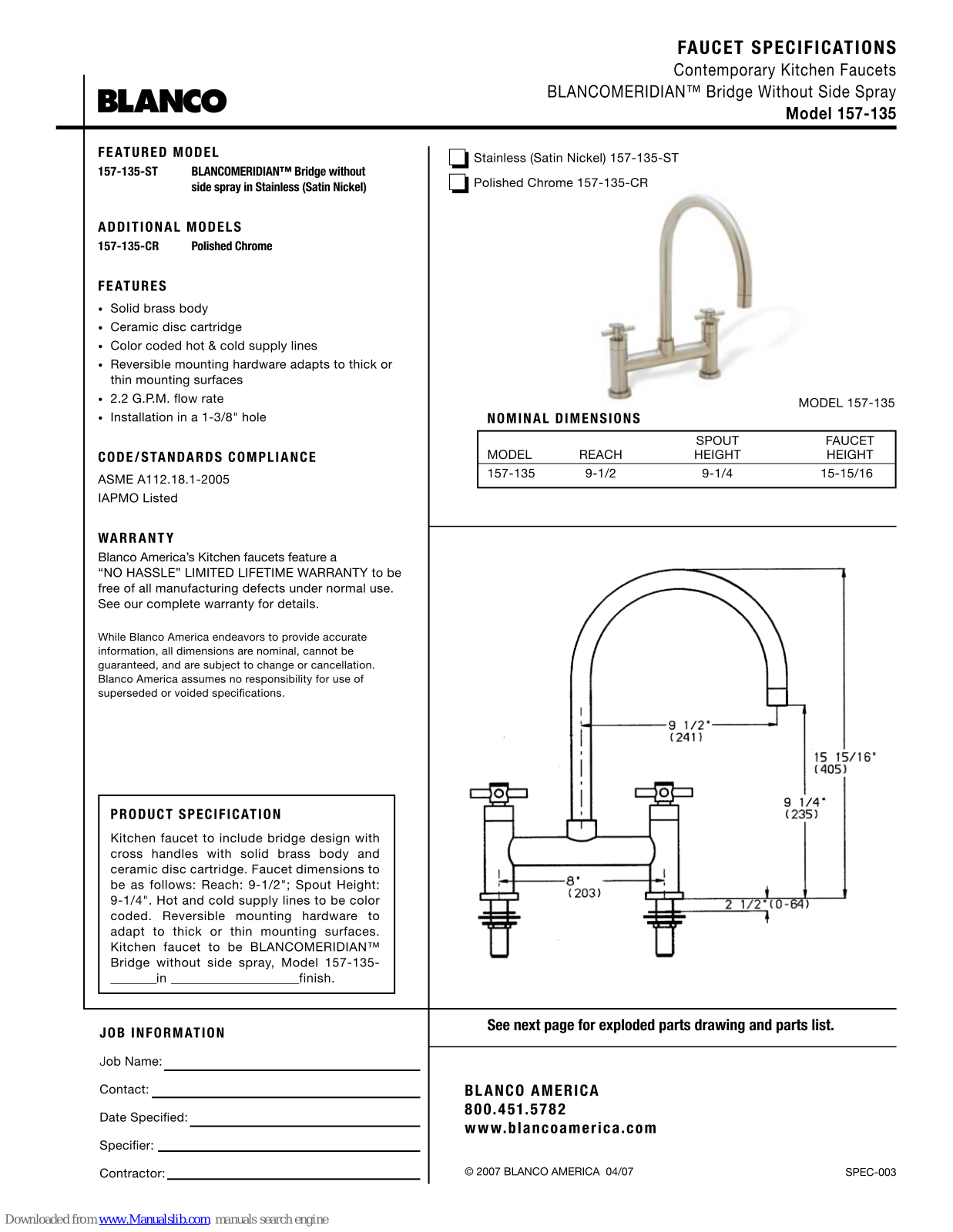 Blanco 157-135-ST, 157-135-CR Specification Sheet - ManualMachine.com