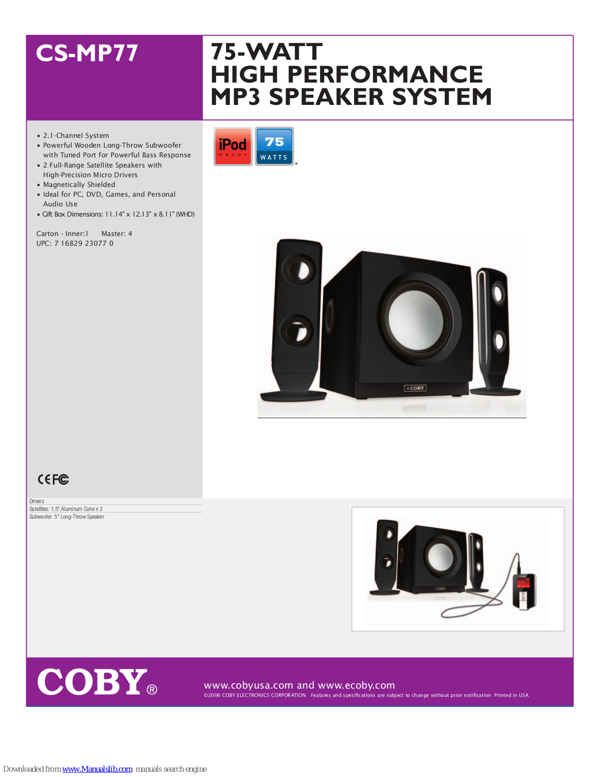 Coby CS-MP77 - 2.1-CH PC Multimedia Speaker Sys Specification Sheet