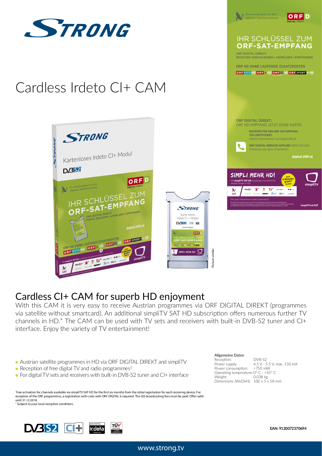 Strong Cardless Irdeto CI+ CAM User Manual