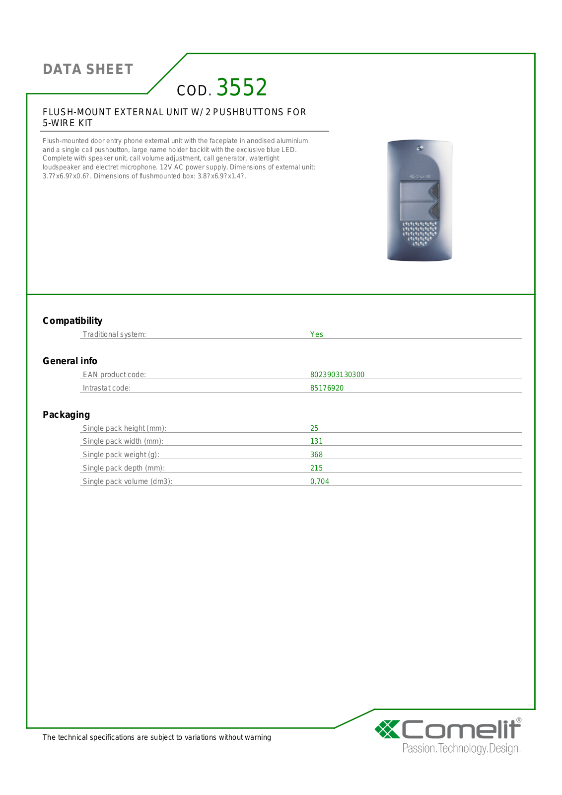 Comelit 3552 Specsheet - ManualMachine.com