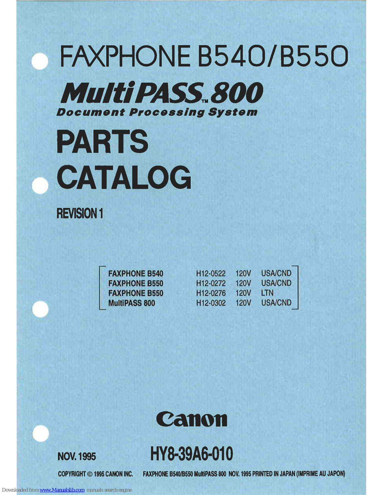 Canon MultiPASS 800, FAXPHONE B540, FAXPHONE B550 Parts List