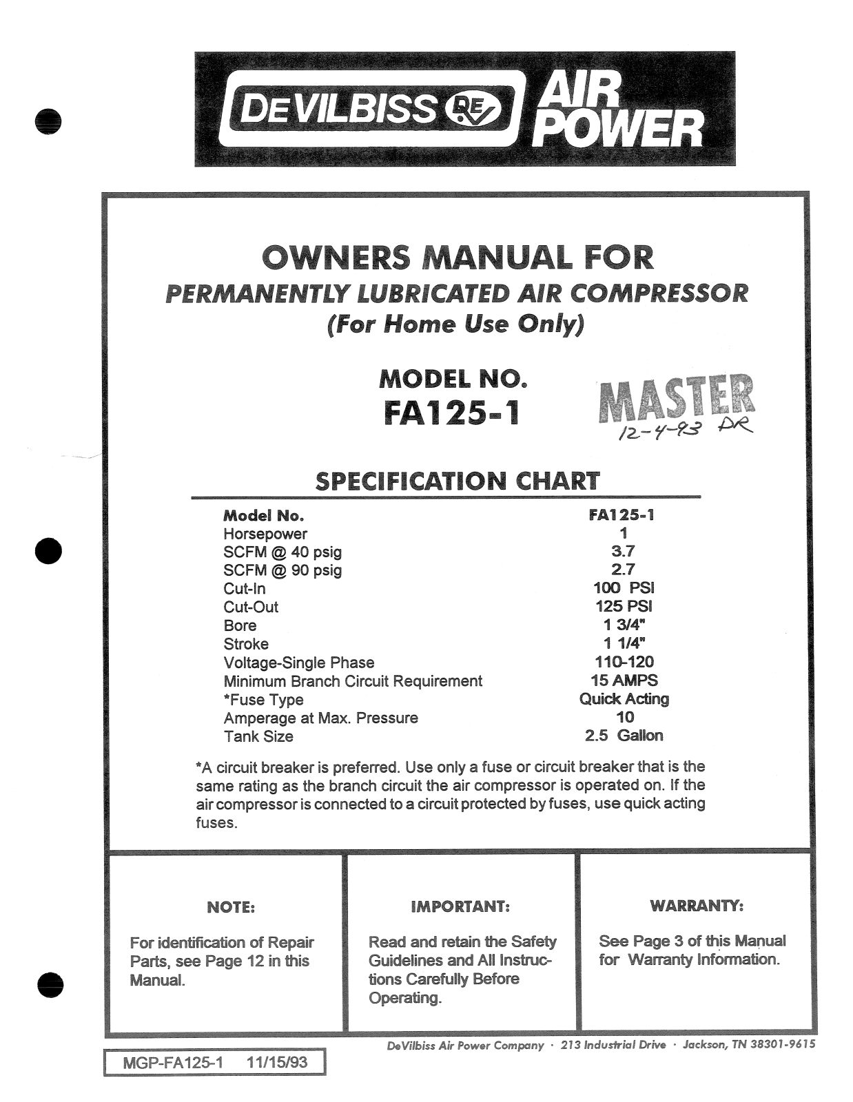 DeVilbiss FA125-1 User Manual