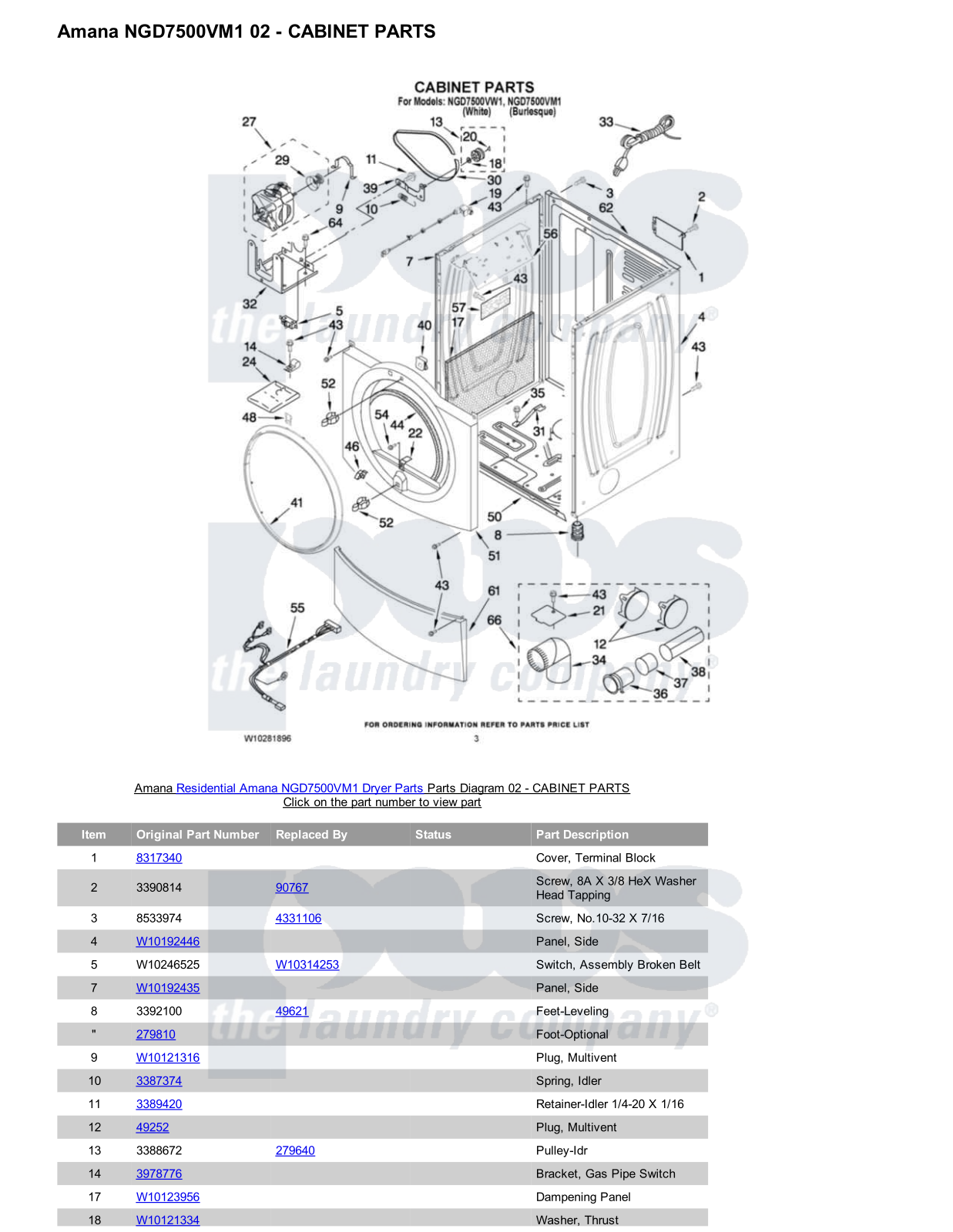 Amana NGD7500VM1 Parts Diagram