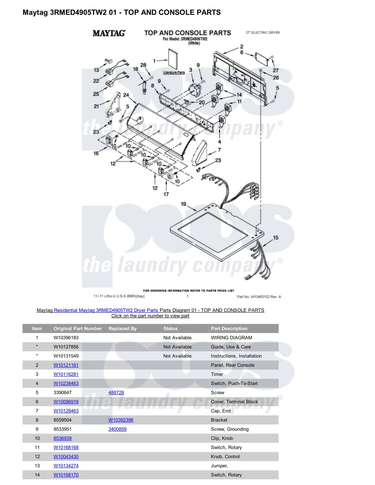 Maytag 3RMED4905TW2 Parts Diagram