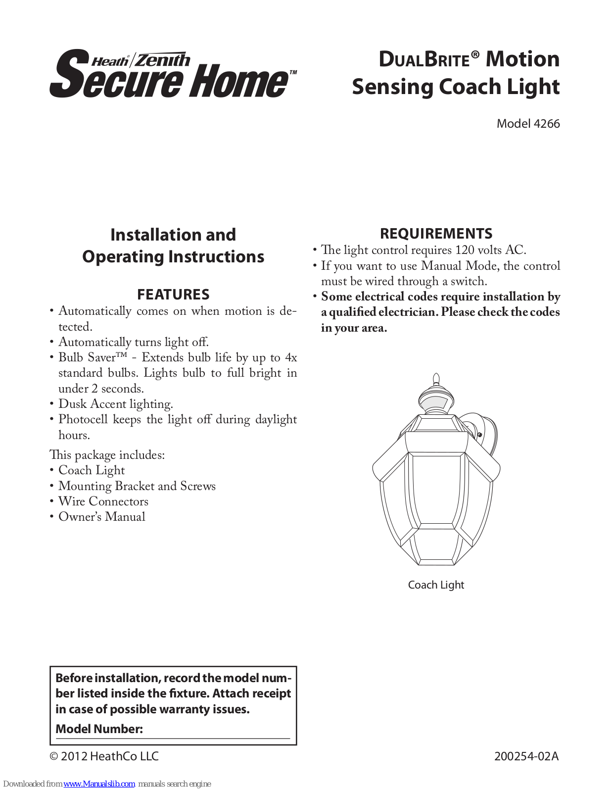 Heath Zenith 4266 Installation And Operating Instructions Manual