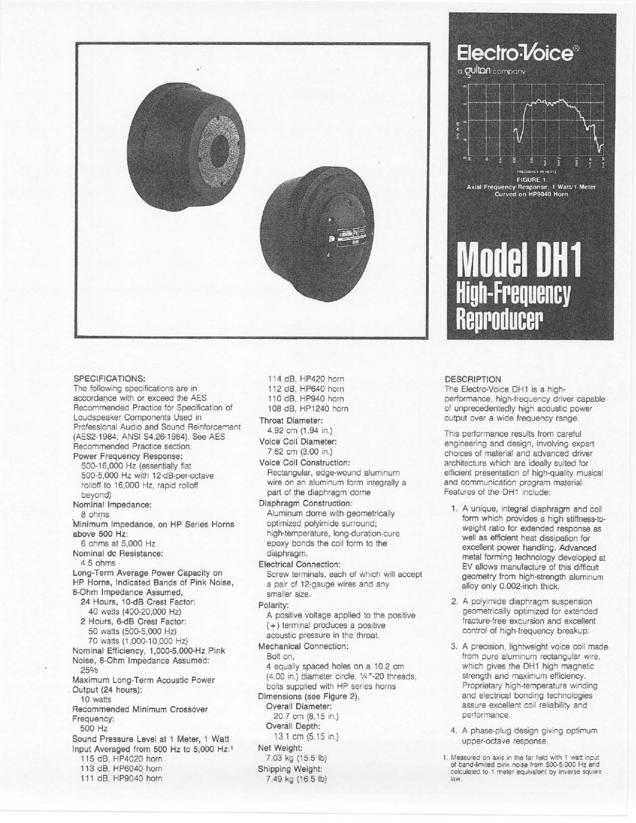 Electro-voice DH1 DATASHEET