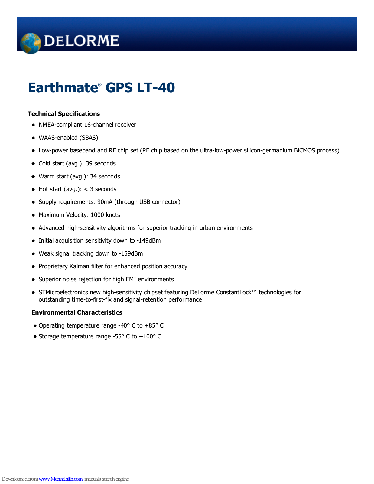 DeLorme Earthmate LT-40, Earthmate GPS LT-40 Technical Specifications