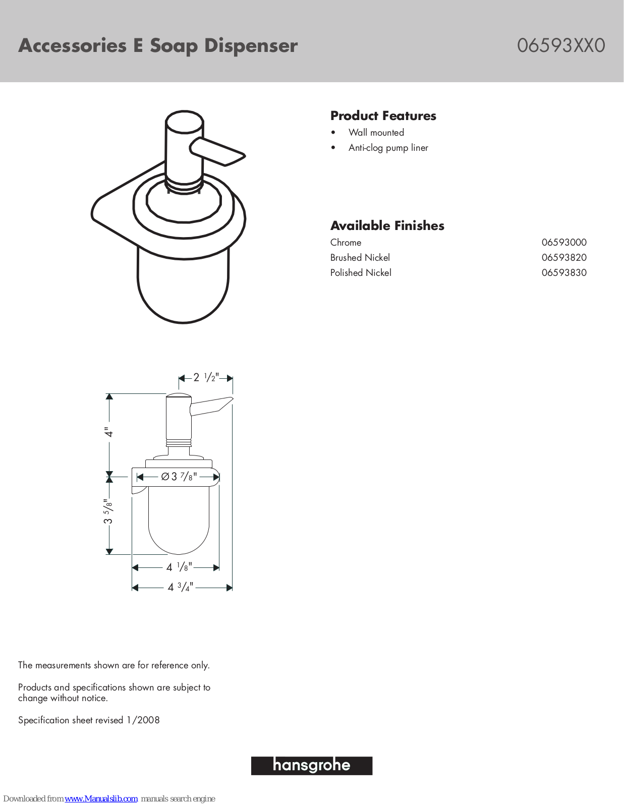 Grohe 6593000, 06593XX0, 6593820, 6593830 Specifications - ManualMachine.com